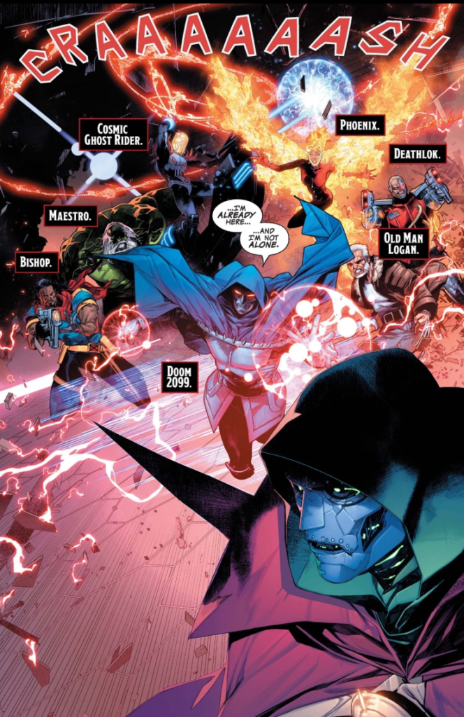 DOOMED 2099コミック内のチームが集結して現代版ドゥームを攻撃するシーン